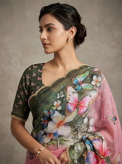 Pink Floral Butterfly Designer Saree With Work for Women