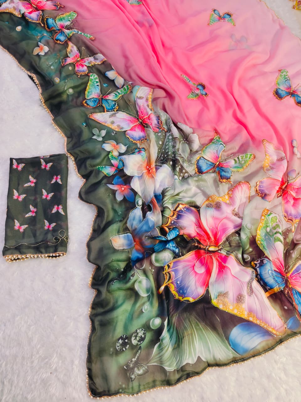 Pink Floral Butterfly Designer Saree With Work for Women