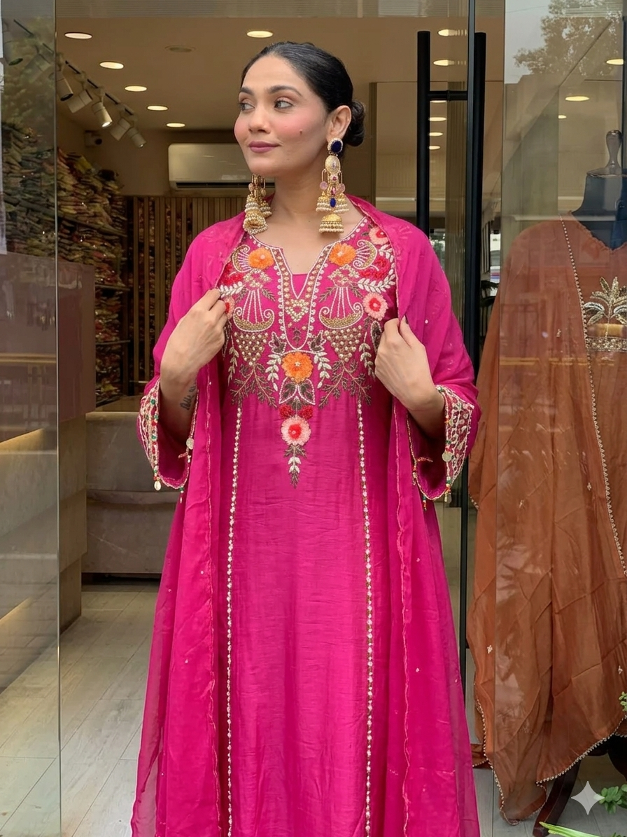 Rani Pink Chanderi Embroidered Kurta Set Dupatta for Women