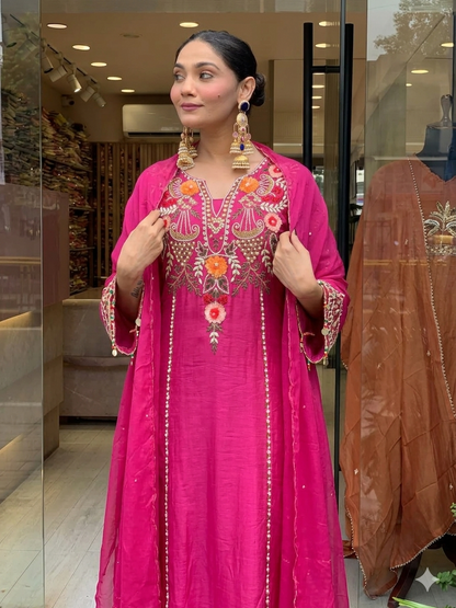 Rani Pink Chanderi Embroidered Kurta Set Dupatta for Women