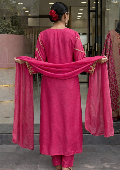 Rani Pink Chanderi Embroidered Kurta Set Dupatta for Women