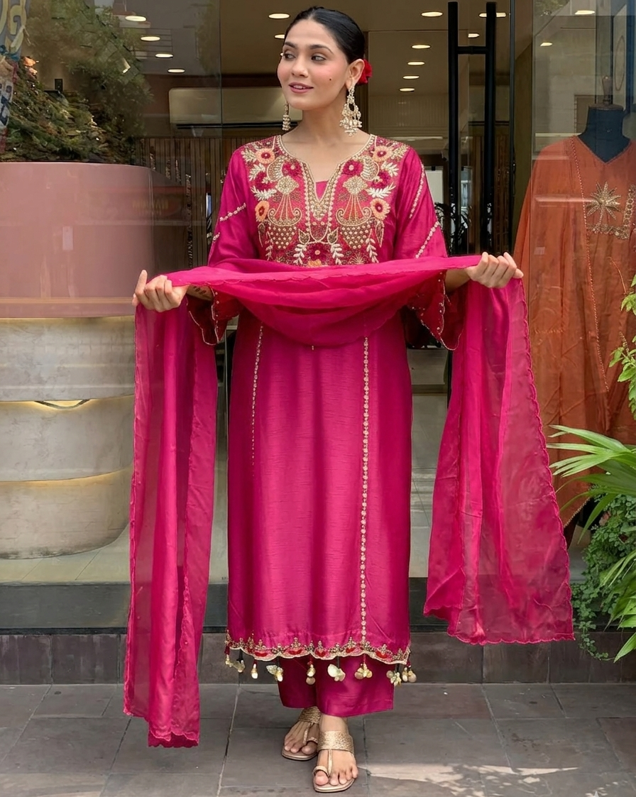 Rani Pink Chanderi Embroidered Kurta Set Dupatta for Women