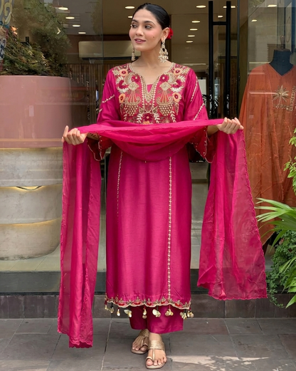 Rani Pink Chanderi Embroidered Kurta Set Dupatta for Women