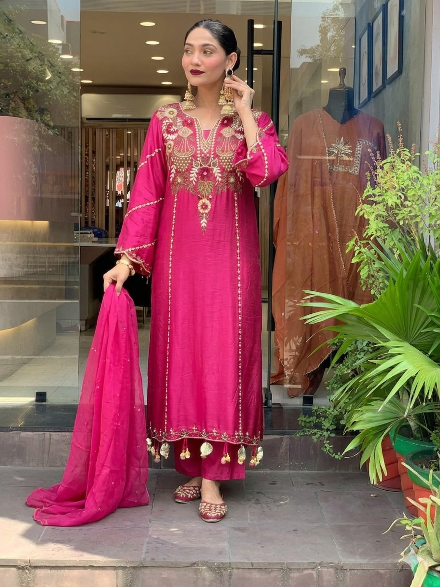 Rani Pink Chanderi Embroidered Kurta Set Dupatta for Women