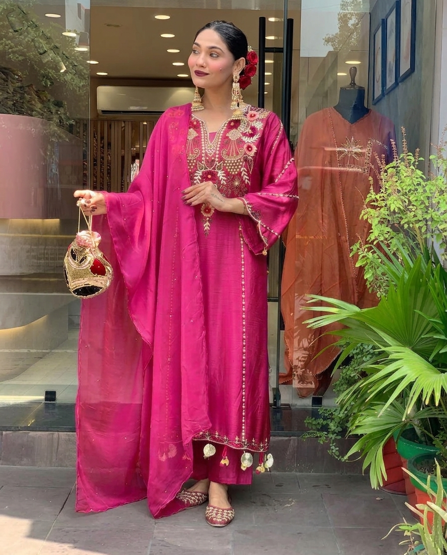 Rani Pink Chanderi Embroidered Kurta Set Dupatta for Women