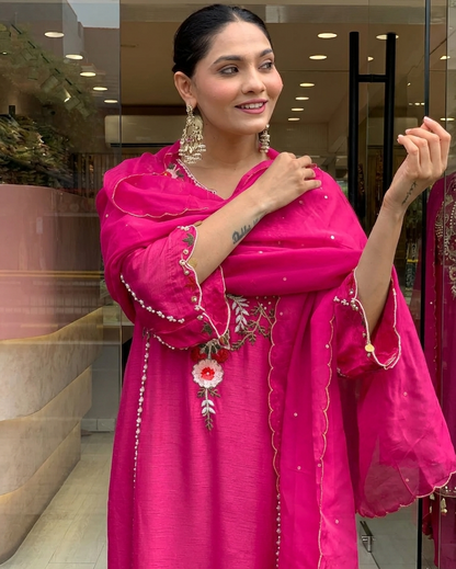 Rani Pink Chanderi Embroidered Kurta Set Dupatta for Women