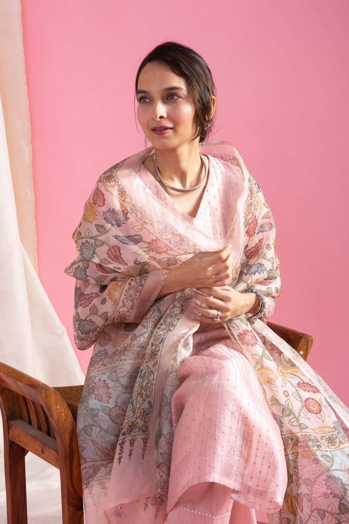 Blush Pink Chanderi Kurta Set with Organza Dupatta for Women