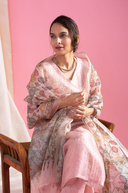 Blush Pink Chanderi Kurta Set with Organza Dupatta for Women