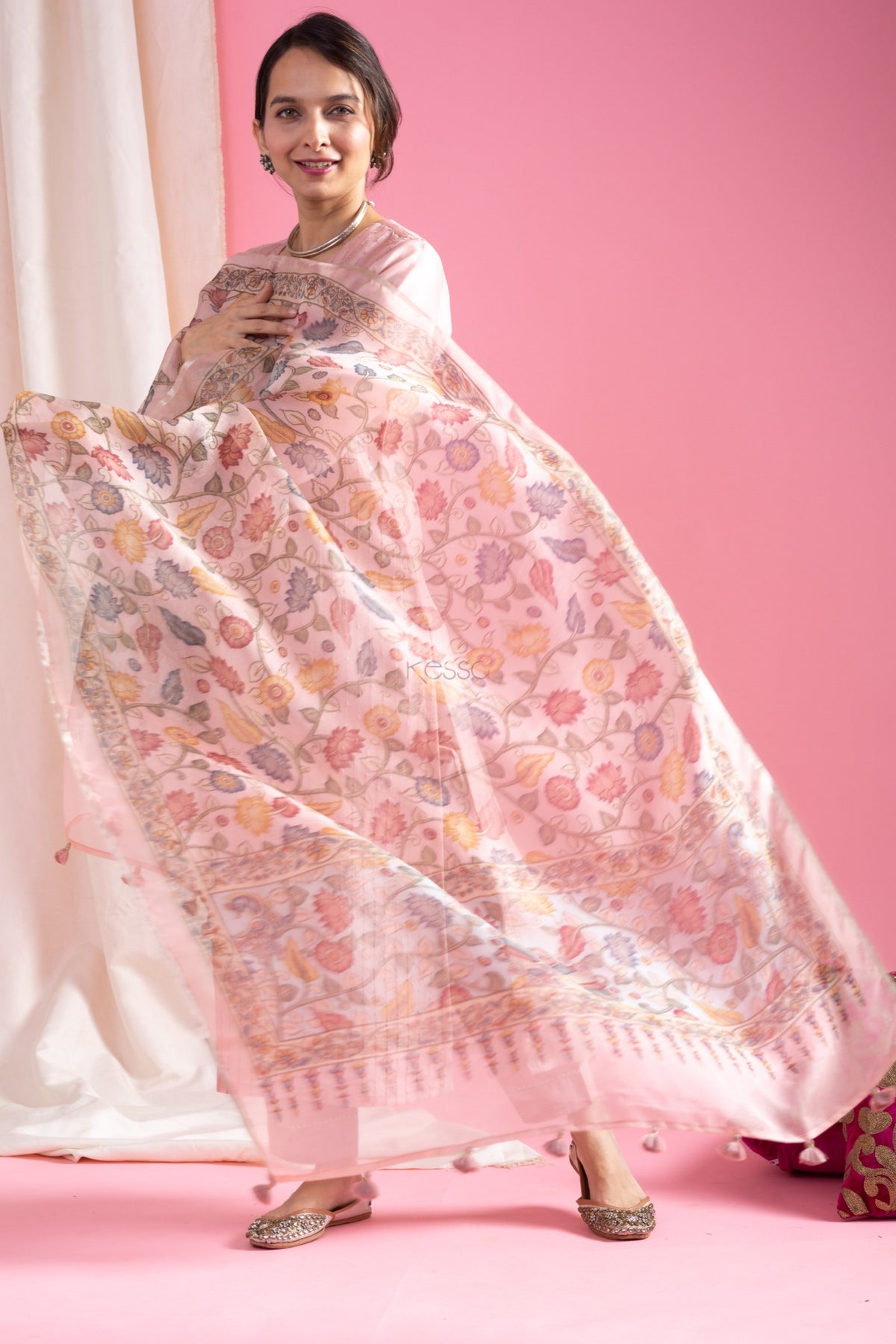 Blush Pink Chanderi Kurta Set with Organza Dupatta for Women