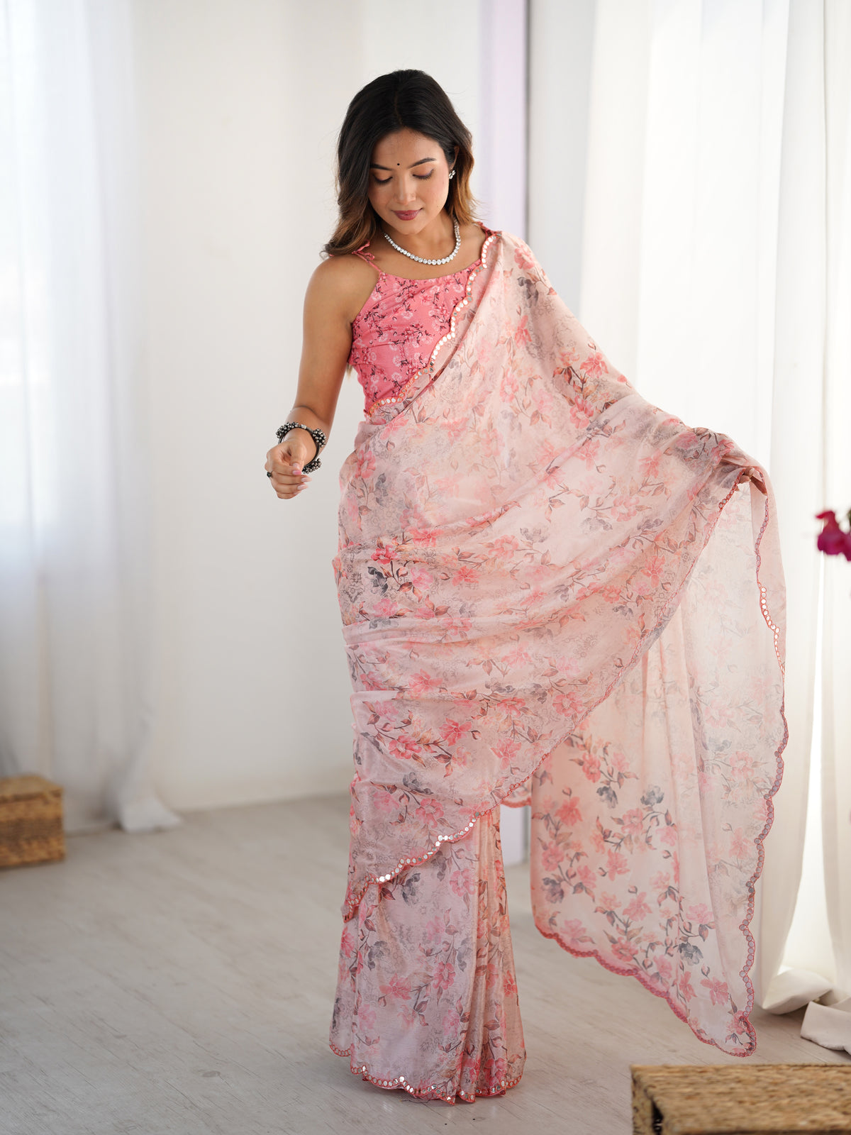 Pink Designer Chinon Saree with Mirror Lace Border for Women