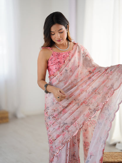 Pink Designer Chinon Saree with Mirror Lace Border for Women