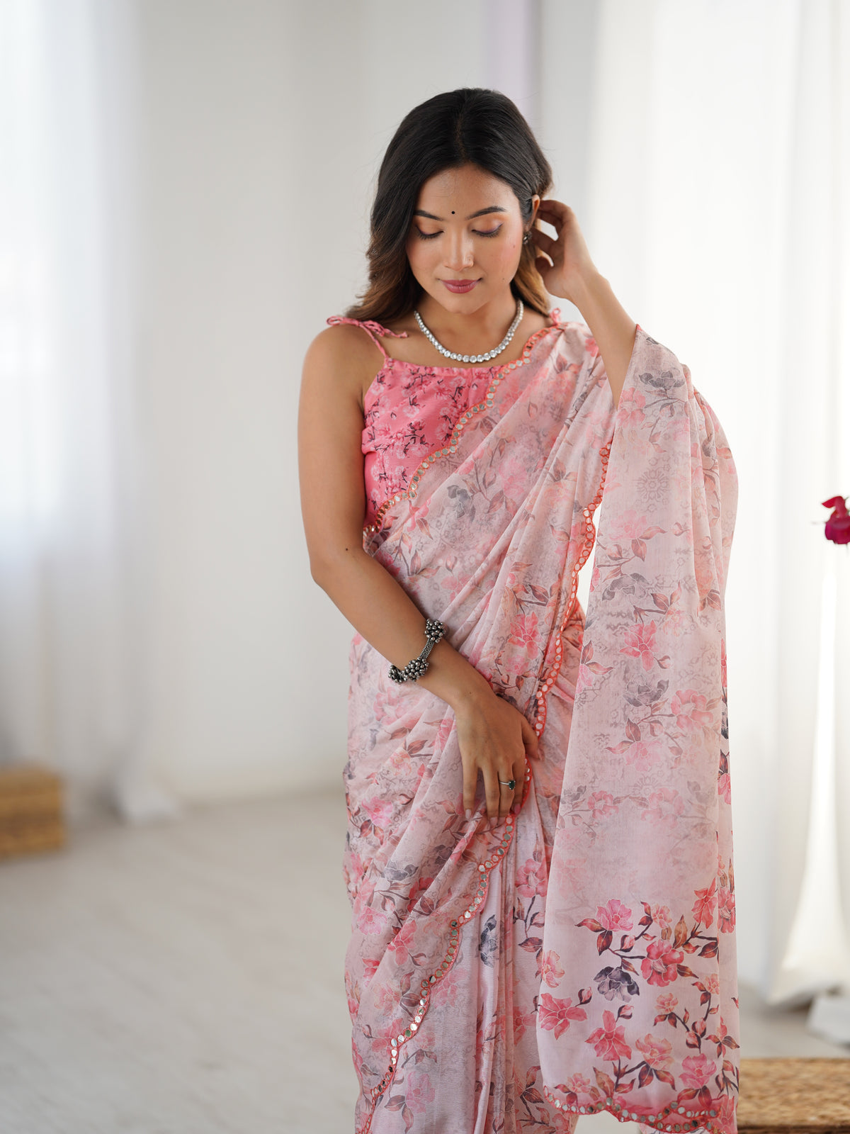 Pink Designer Chinon Saree with Mirror Lace Border for Women