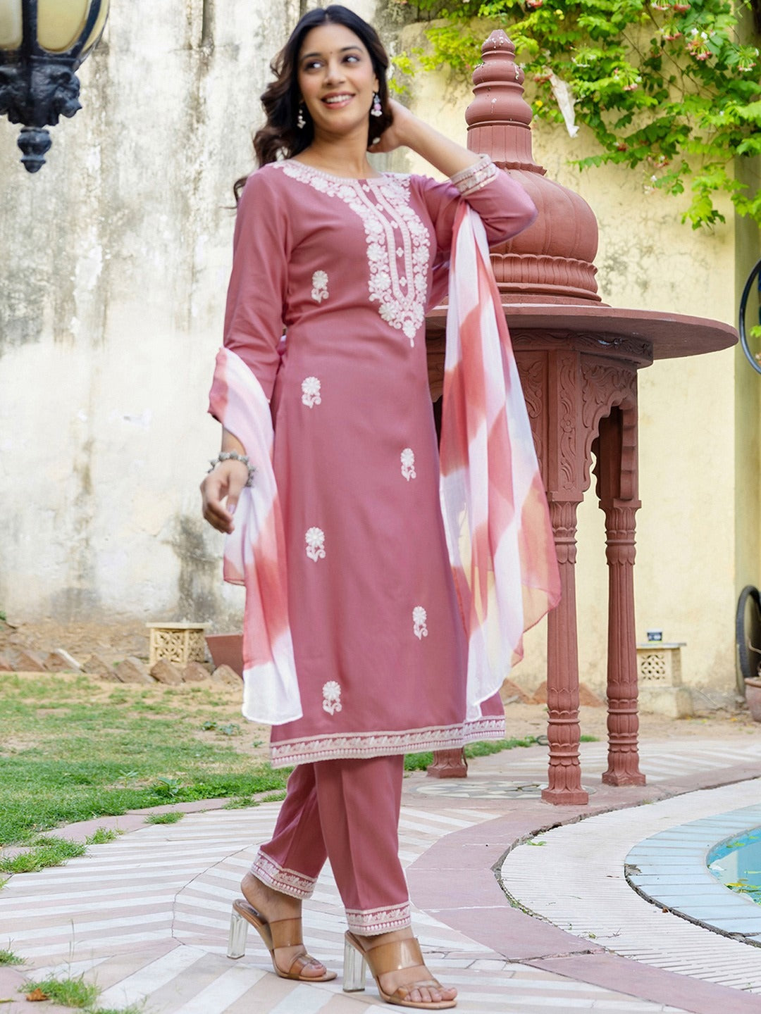Pink Embroidered Cotton Kurti Pant Dupatta Set for Women