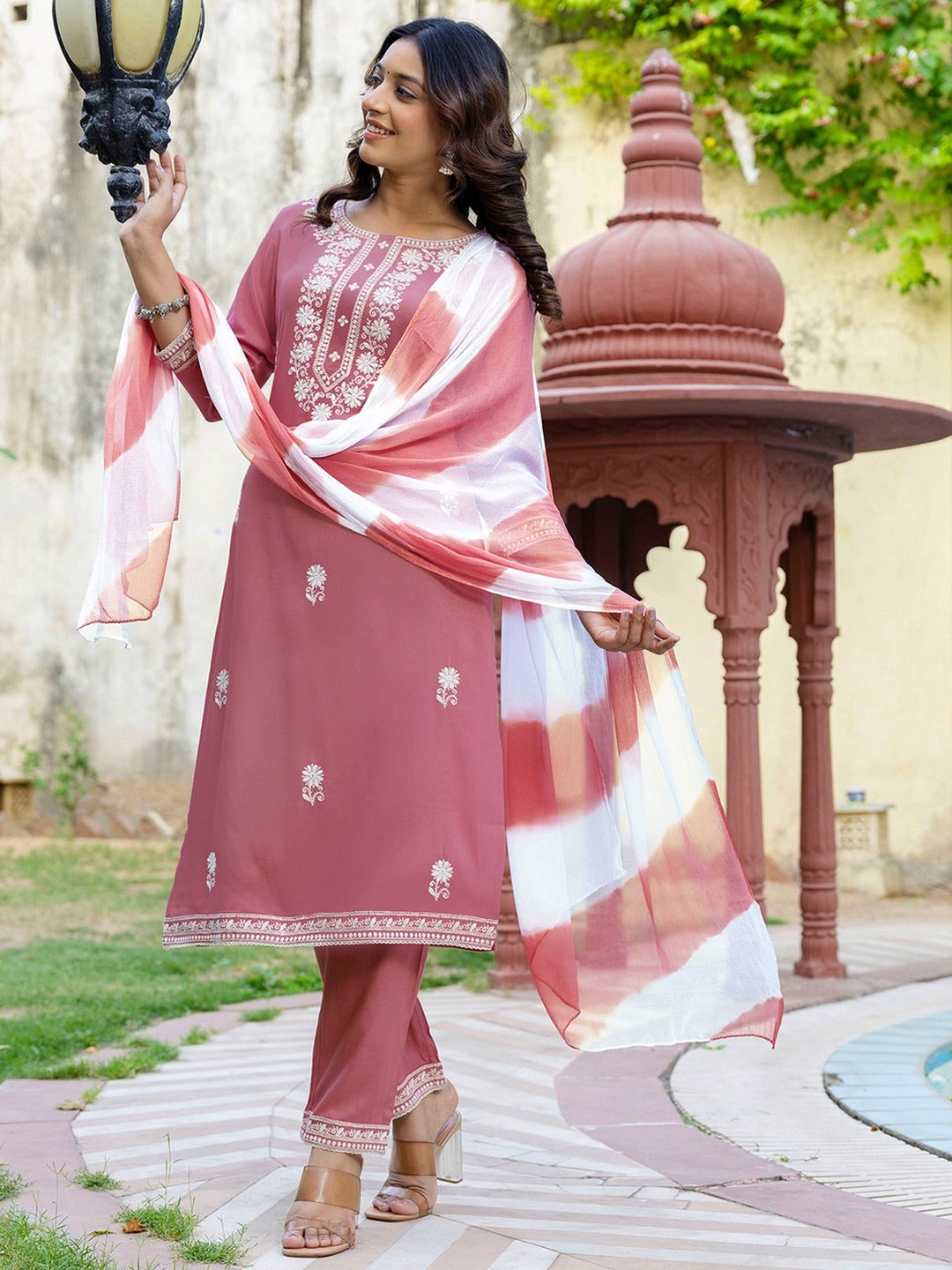 Pink Embroidered Cotton Kurti Pant Dupatta Set for Women