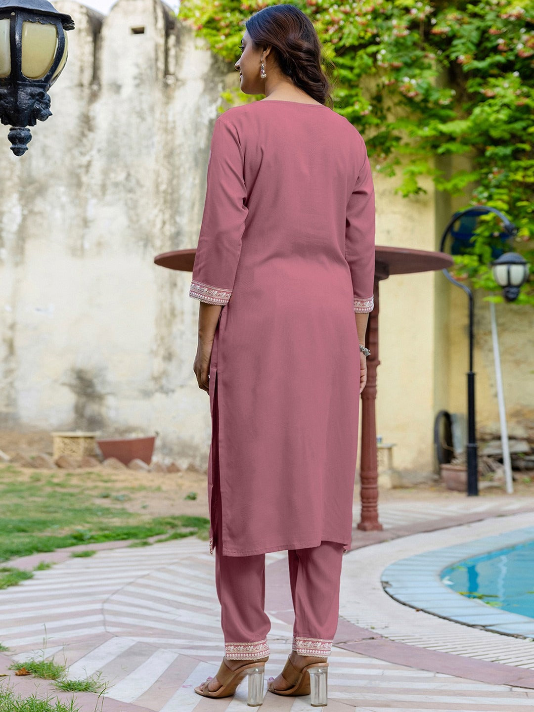 Pink Embroidered Cotton Kurti Pant Dupatta Set for Women