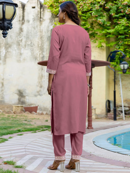 Pink Embroidered Cotton Kurti Pant Dupatta Set for Women