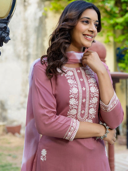 Pink Embroidered Cotton Kurti Pant Dupatta Set for Women