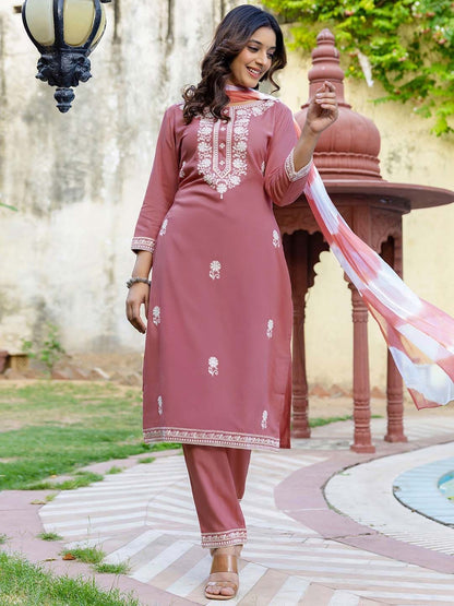 Pink Embroidered Cotton Kurti Pant Dupatta Set for Women
