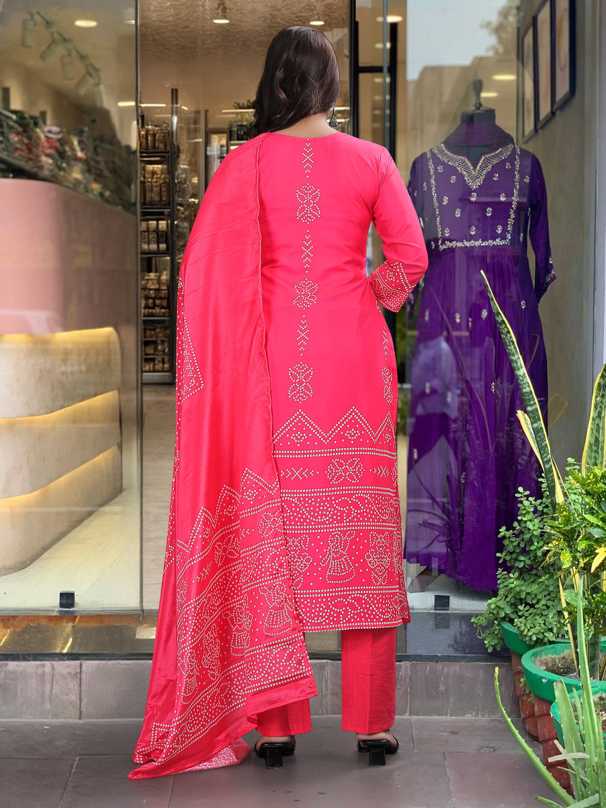 Rani Pink Crepe Embroidered Kurta Pant Dupatta Set for Women