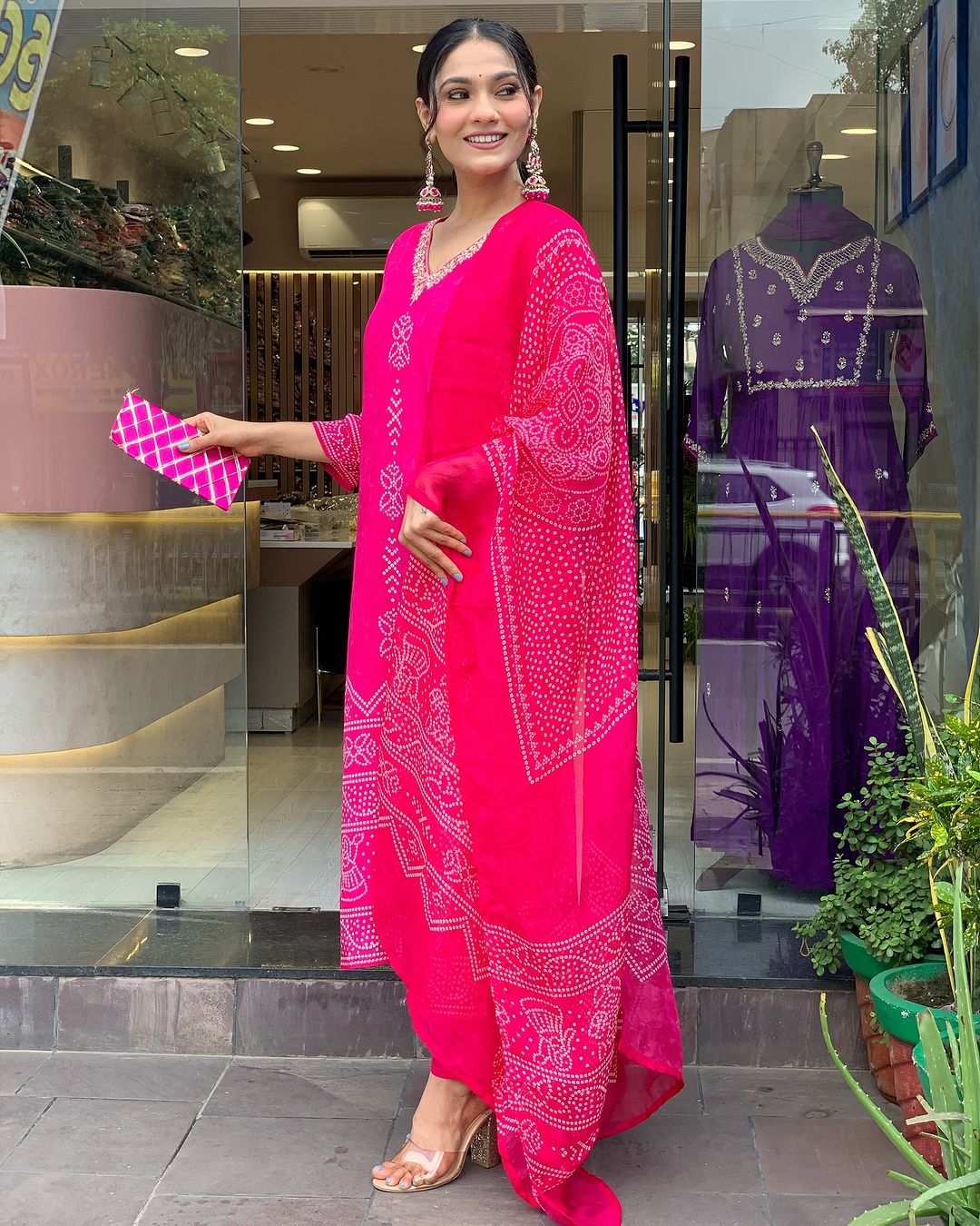 Rani Pink Crepe Embroidered Kurta Pant Dupatta Set for Women