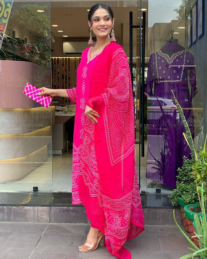 Rani Pink Crepe Embroidered Kurta Pant Dupatta Set for Women