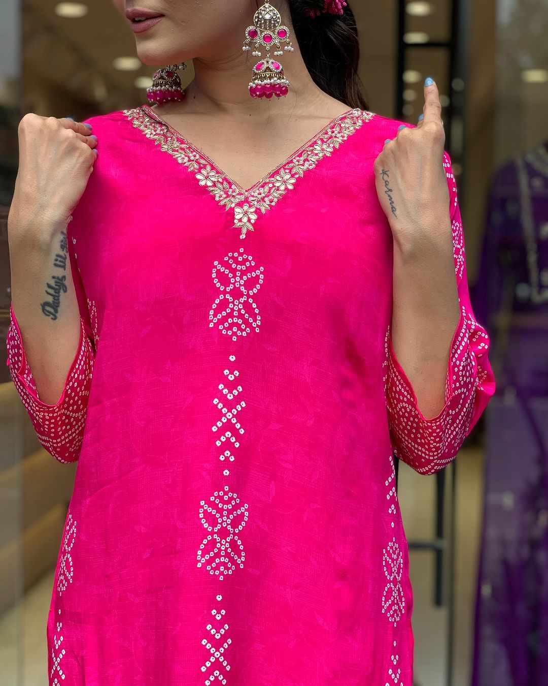 Rani Pink Crepe Embroidered Kurta Pant Dupatta Set for Women