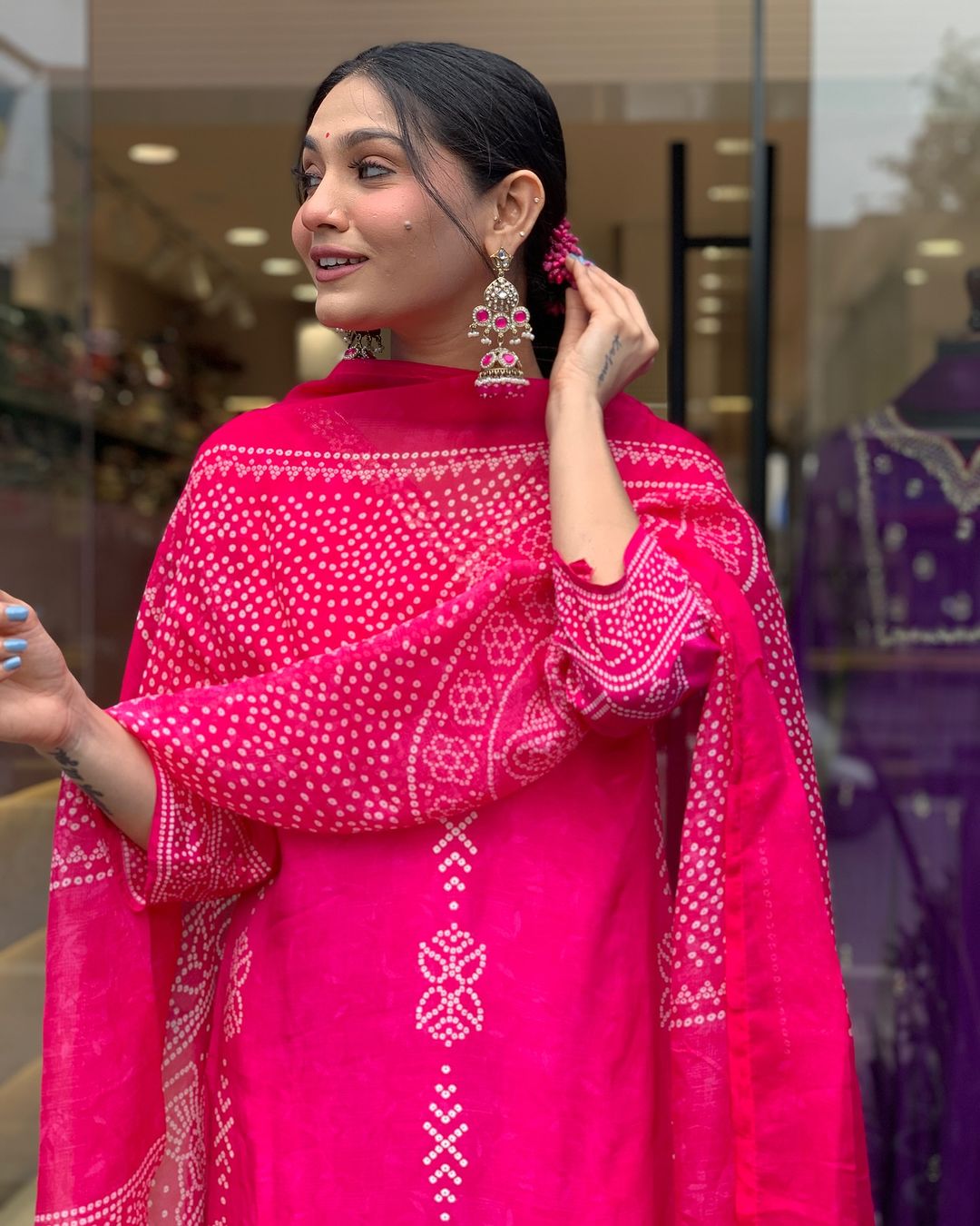 Rani Pink Crepe Embroidered Kurta Pant Dupatta Set for Women