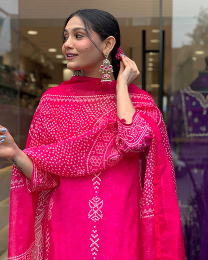 Rani Pink Crepe Embroidered Kurta Pant Dupatta Set for Women
