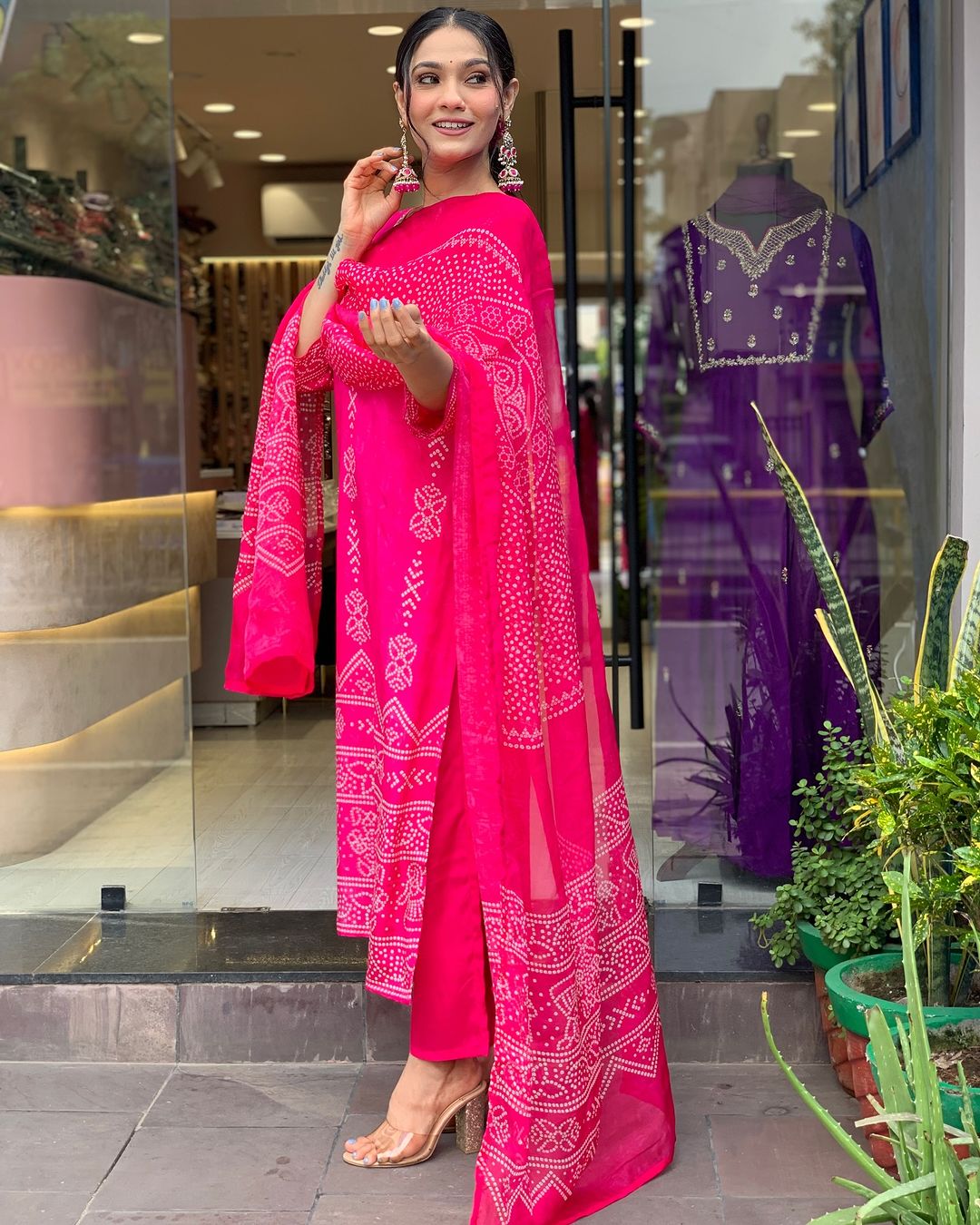 Rani Pink Crepe Embroidered Kurta Pant Dupatta Set for Women