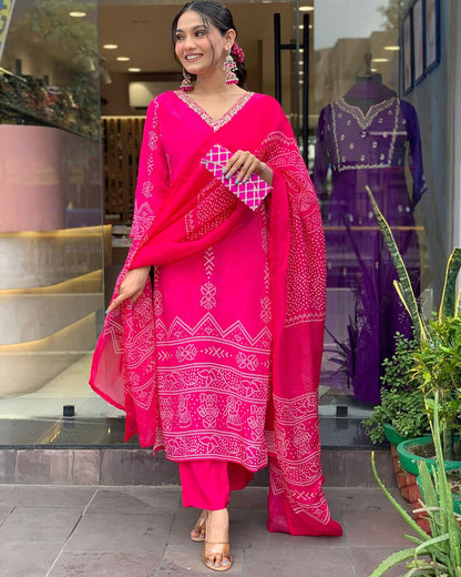 Rani Pink Crepe Embroidered Kurta Pant Dupatta Set for Women