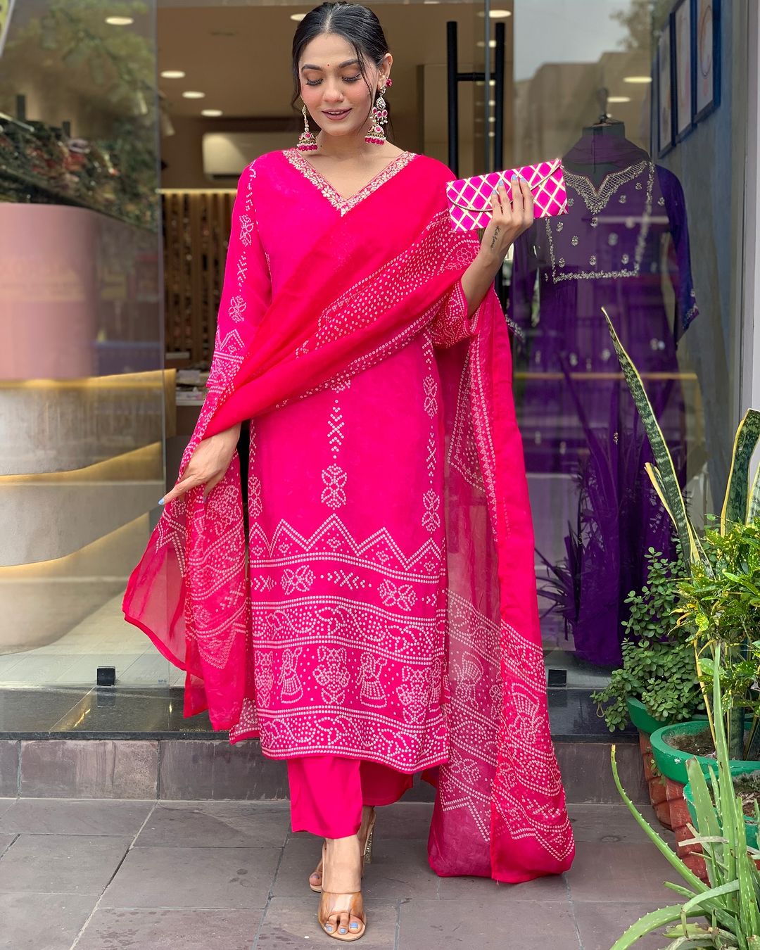 Rani Pink Crepe Embroidered Kurta Pant Dupatta Set for Women