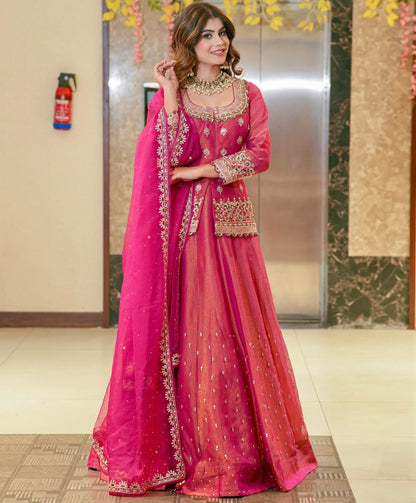 Pink Embroidered Roman Silk Lehenga Set for Women
