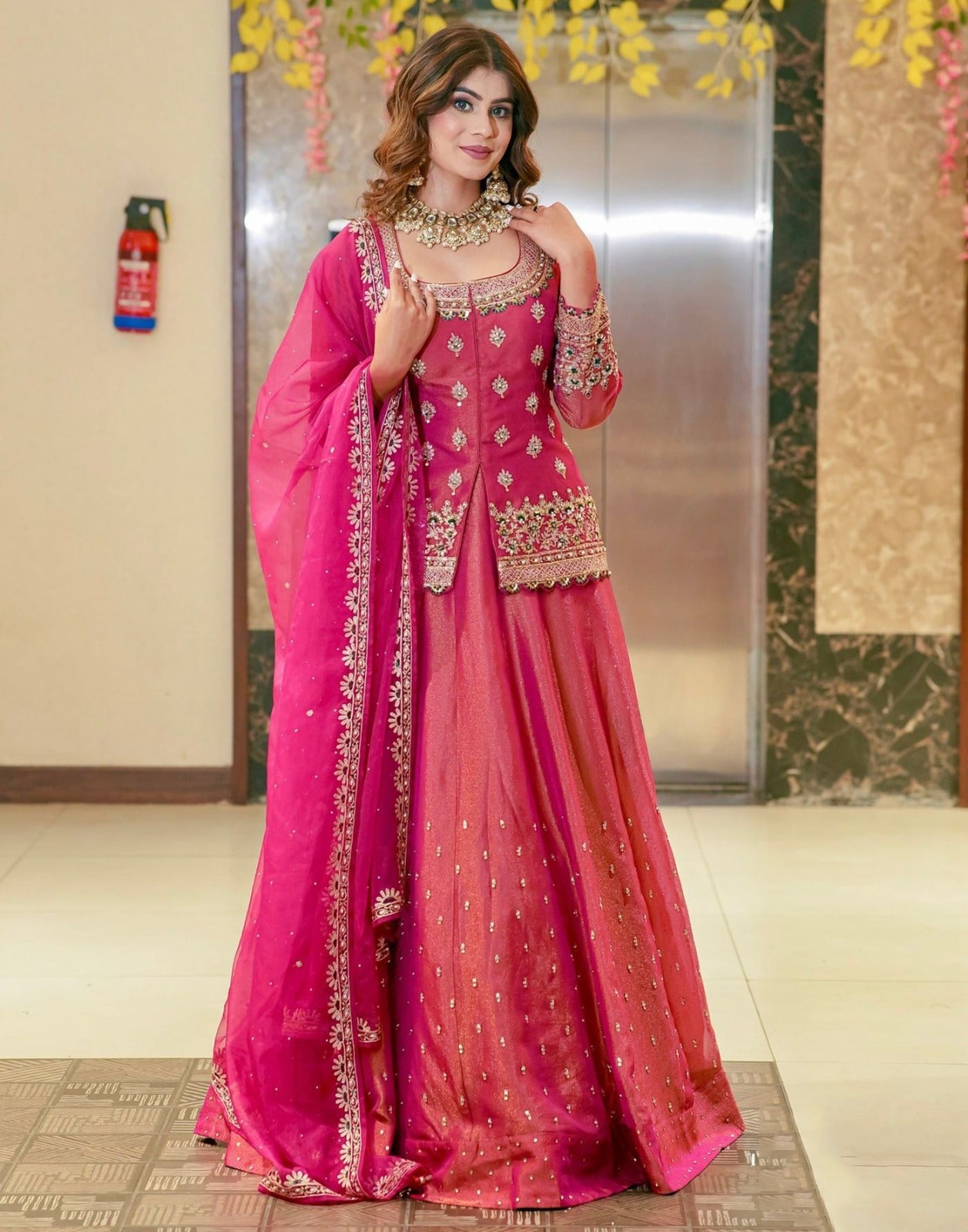 Pink Embroidered Roman Silk Lehenga Set Online