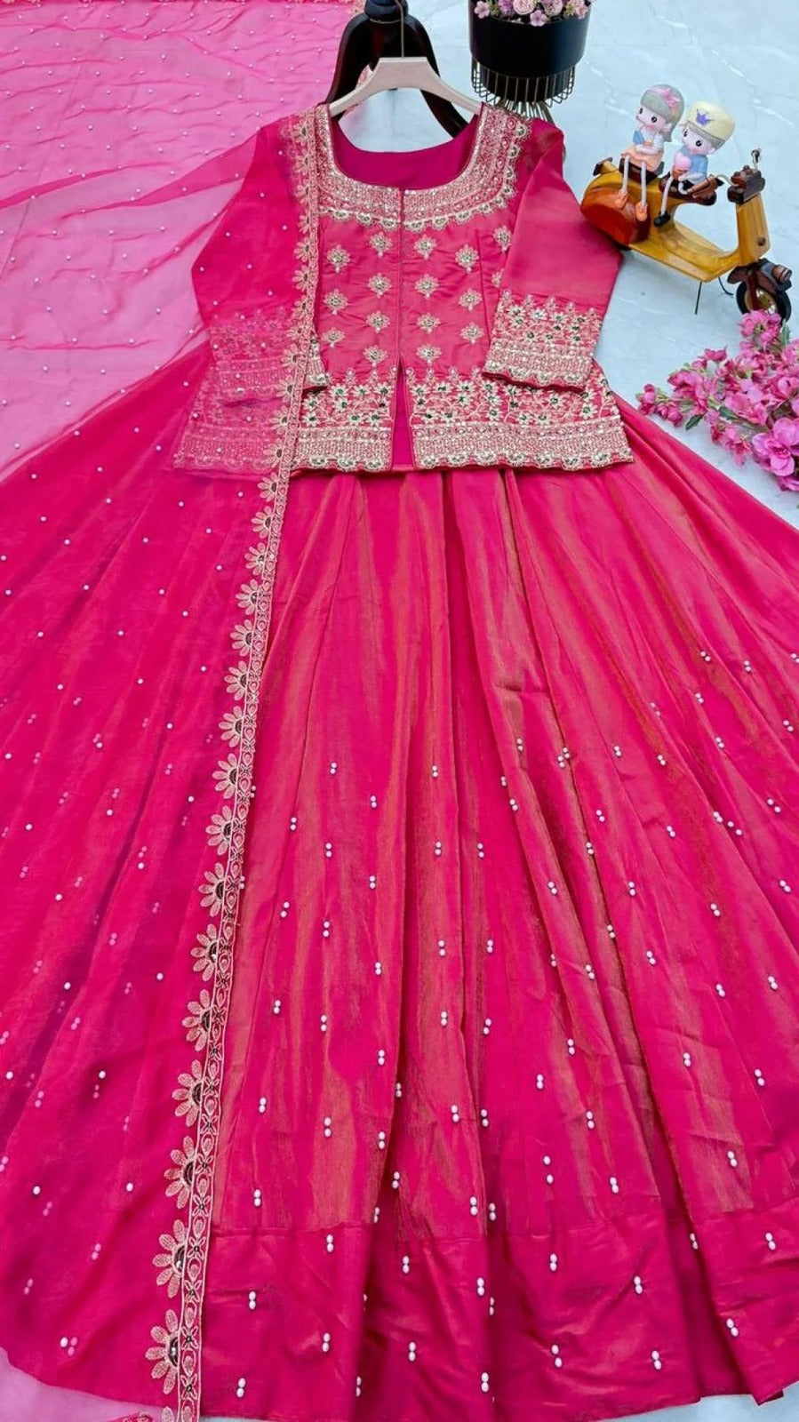 Pink Embroidered Roman Silk Lehenga Set Online