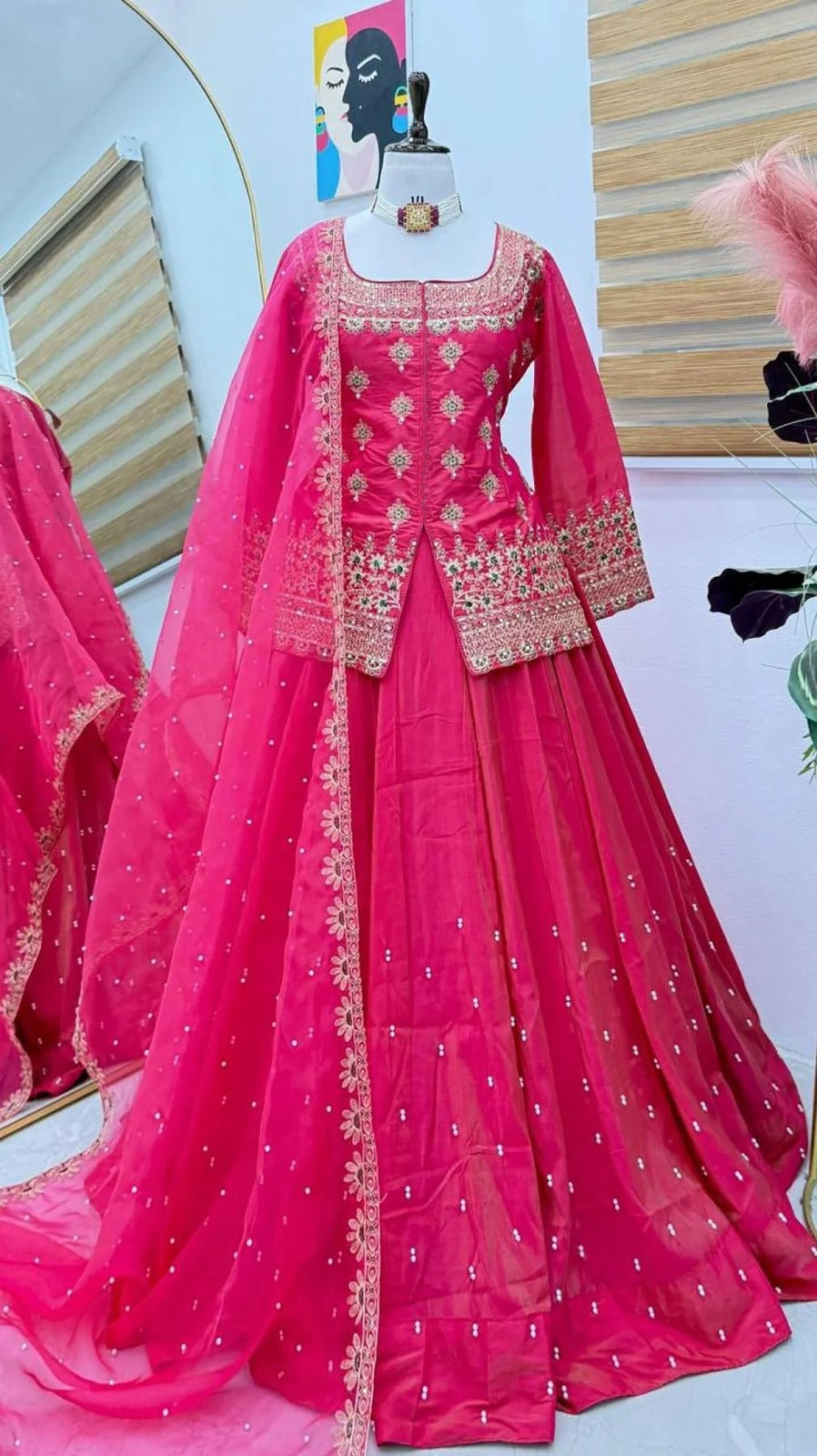 Pink Embroidered Roman Silk Lehenga Set Online