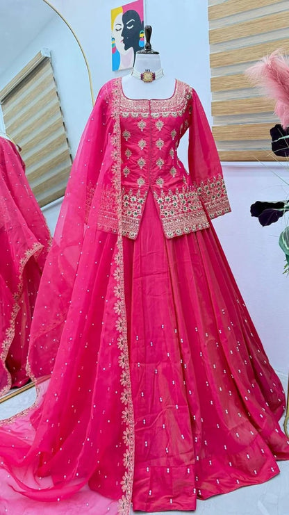 Pink Embroidered Roman Silk Lehenga Set for Women