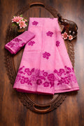 Pink Floral Linen Cotton Saree with Designer Border