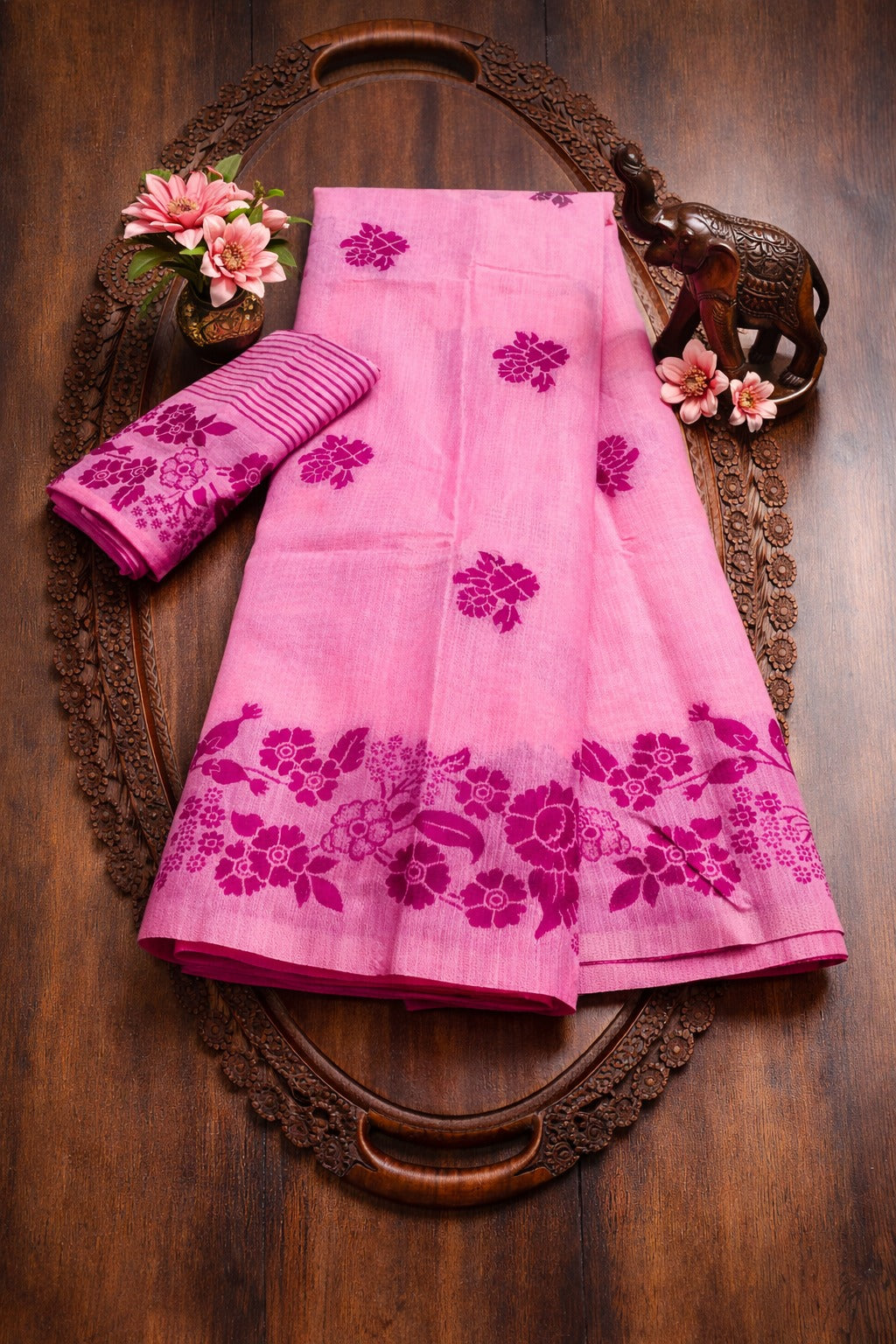 Pink Floral Linen Cotton Saree with Designer Border