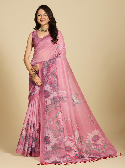 Pink Floral Print Designer Cotton Saree with Blouse for Women