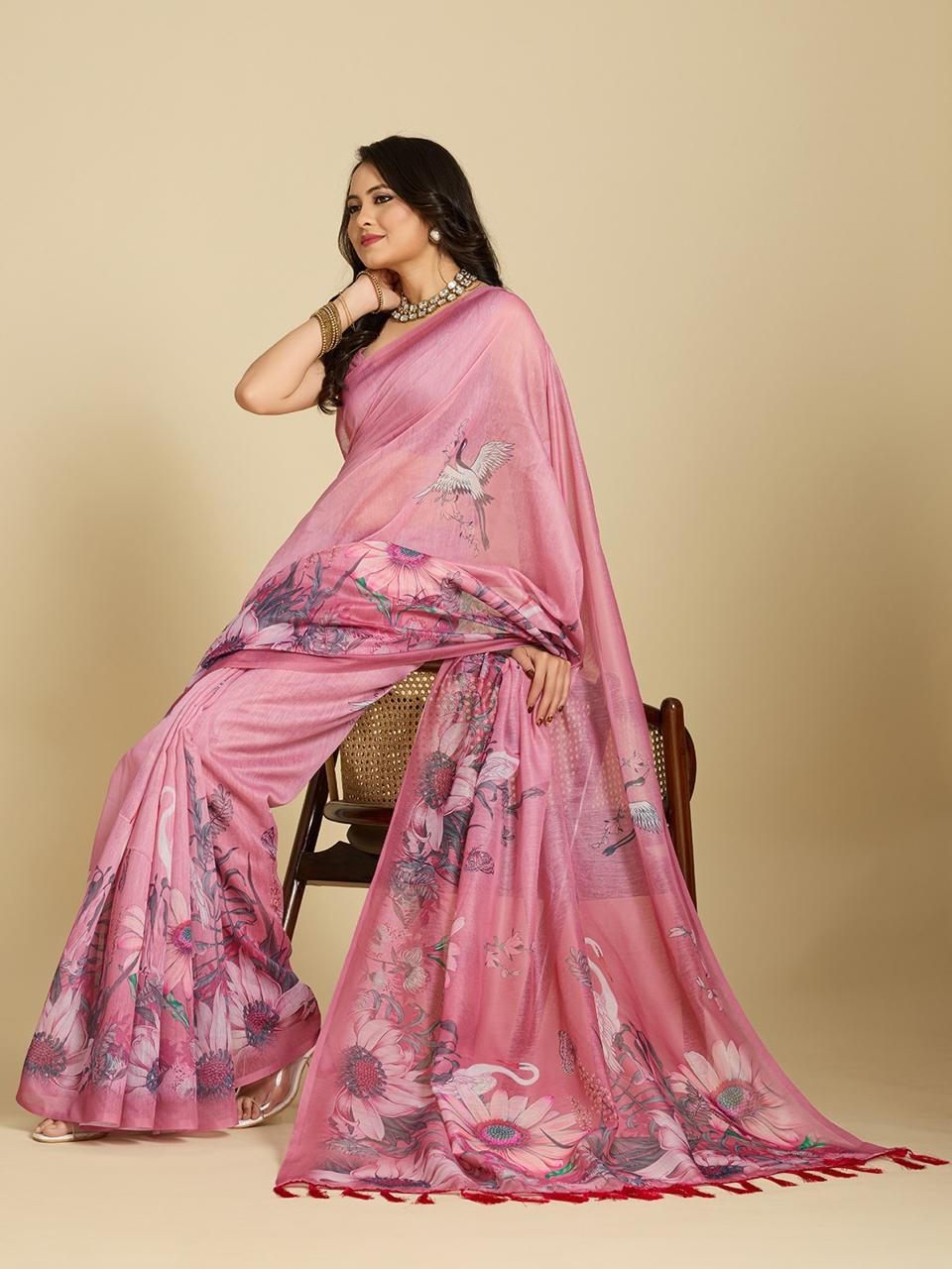 Pink Floral Print Designer Cotton Saree with Blouse