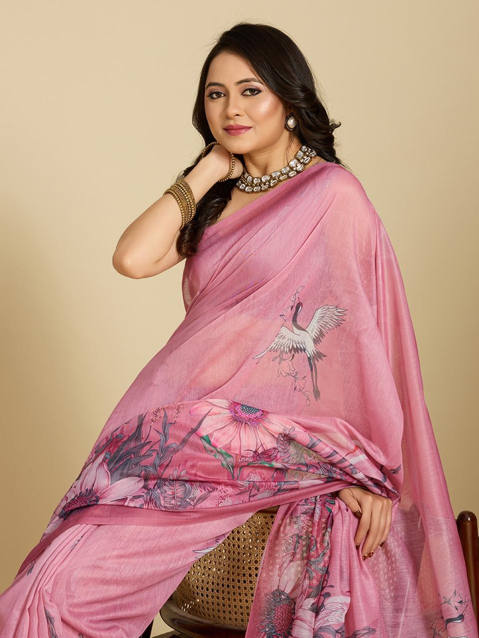 Pink Floral Print Designer Cotton Saree with Blouse for Women