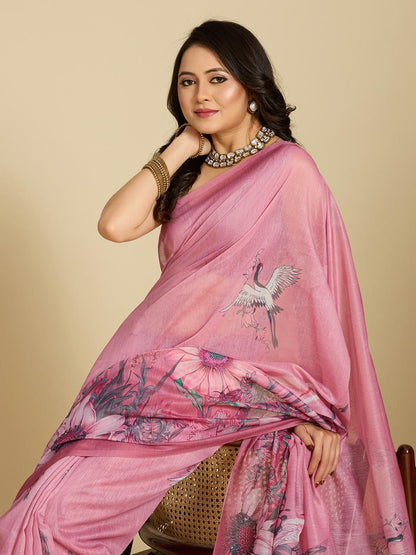 Pink Floral Print Designer Cotton Saree with Blouse for Women