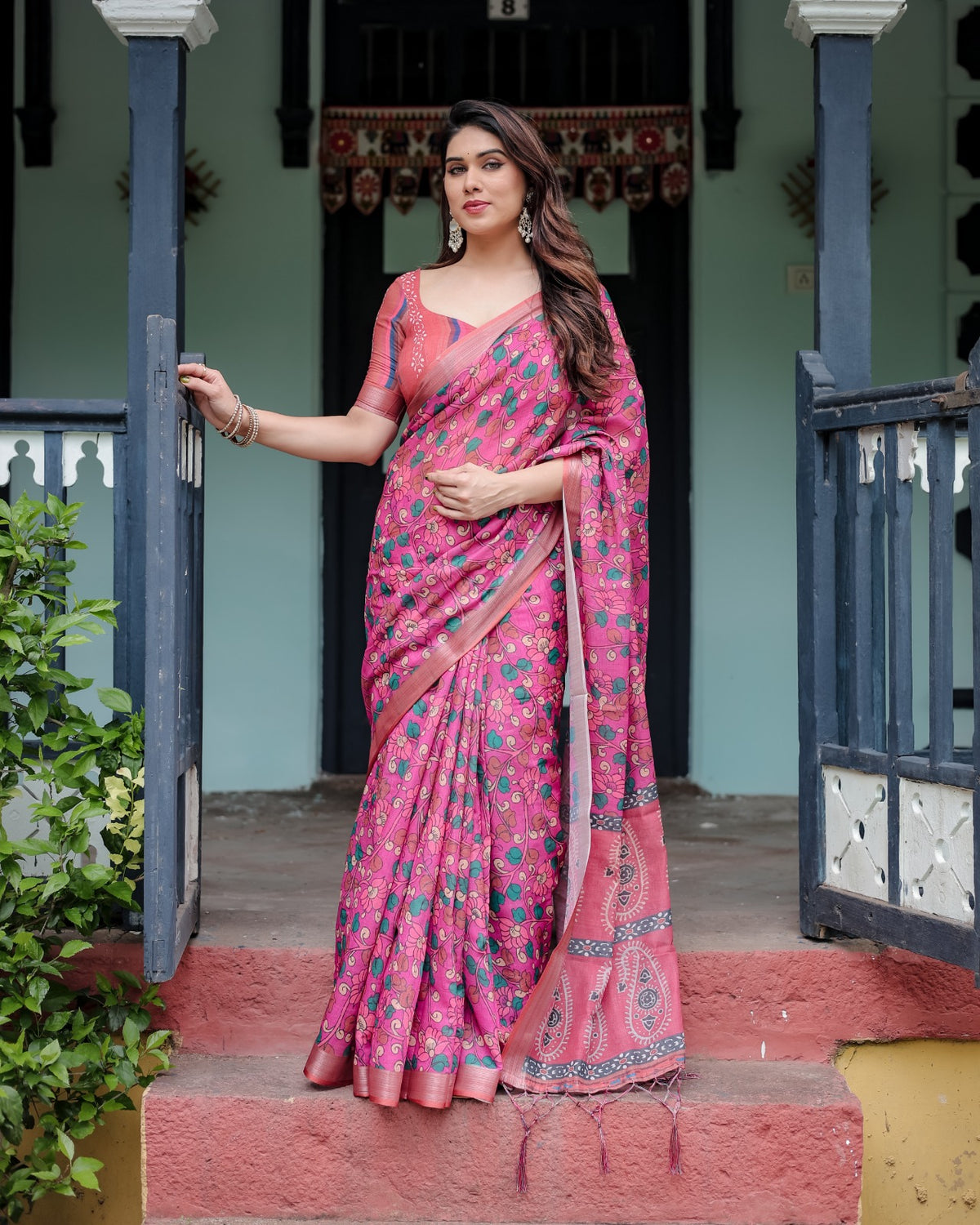 Pink Floral Printed Linen Cotton Saree for Women