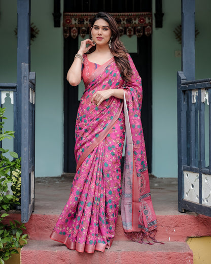 Pink Floral Printed Linen Cotton Saree for Women