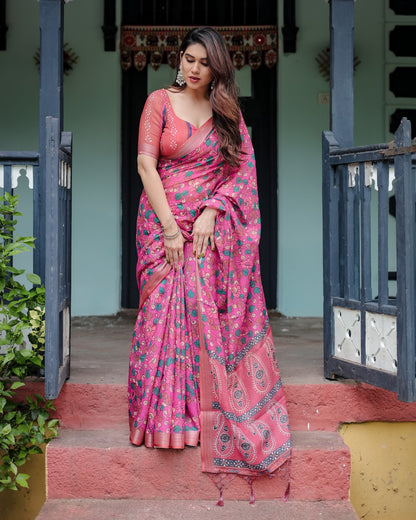 Pink Floral Printed Linen Cotton Saree for Women