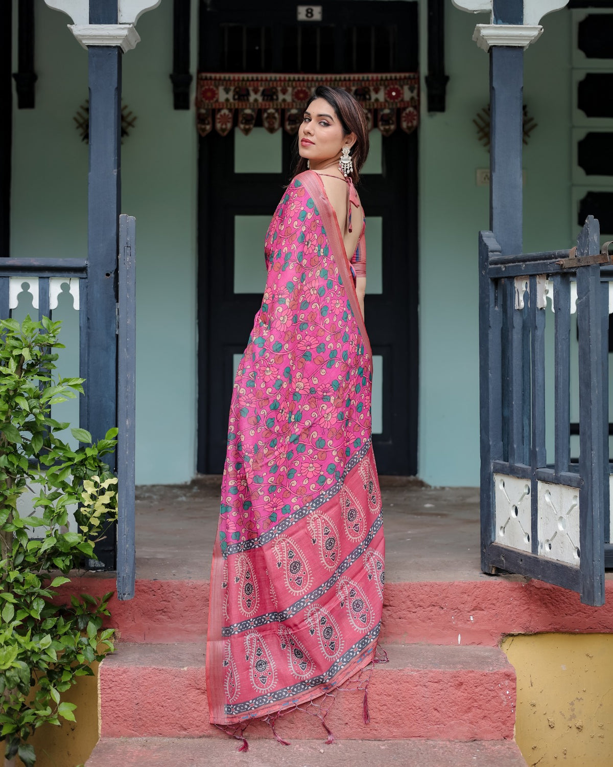 Pink Floral Printed Linen Cotton Saree for Women