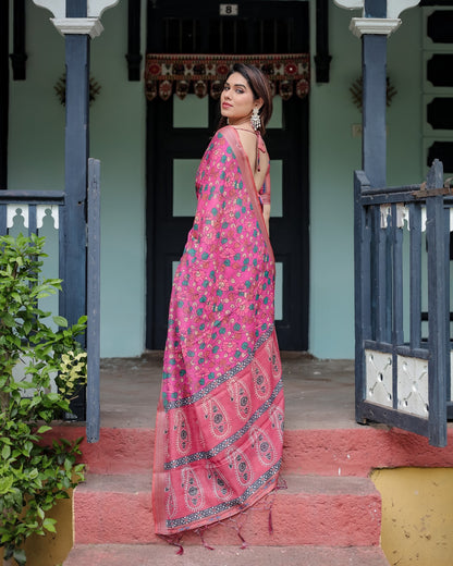 Pink Floral Printed Linen Cotton Saree for Women