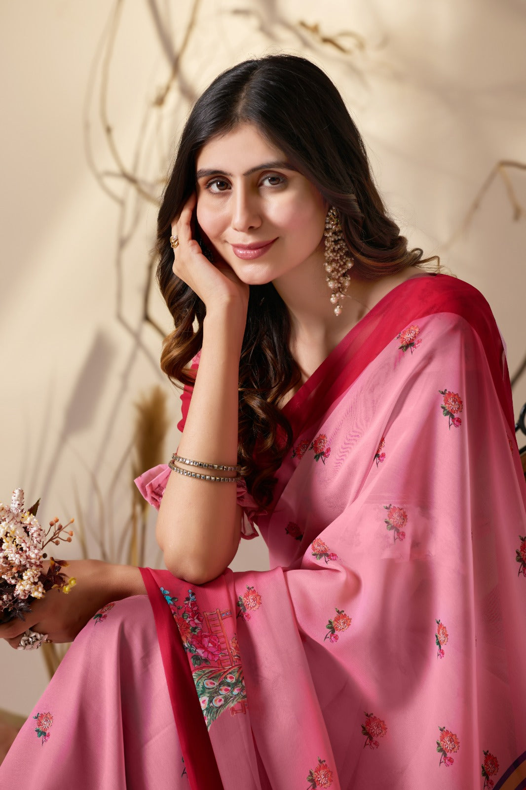 Pink Floral Georgette Saree with Designer Pallu