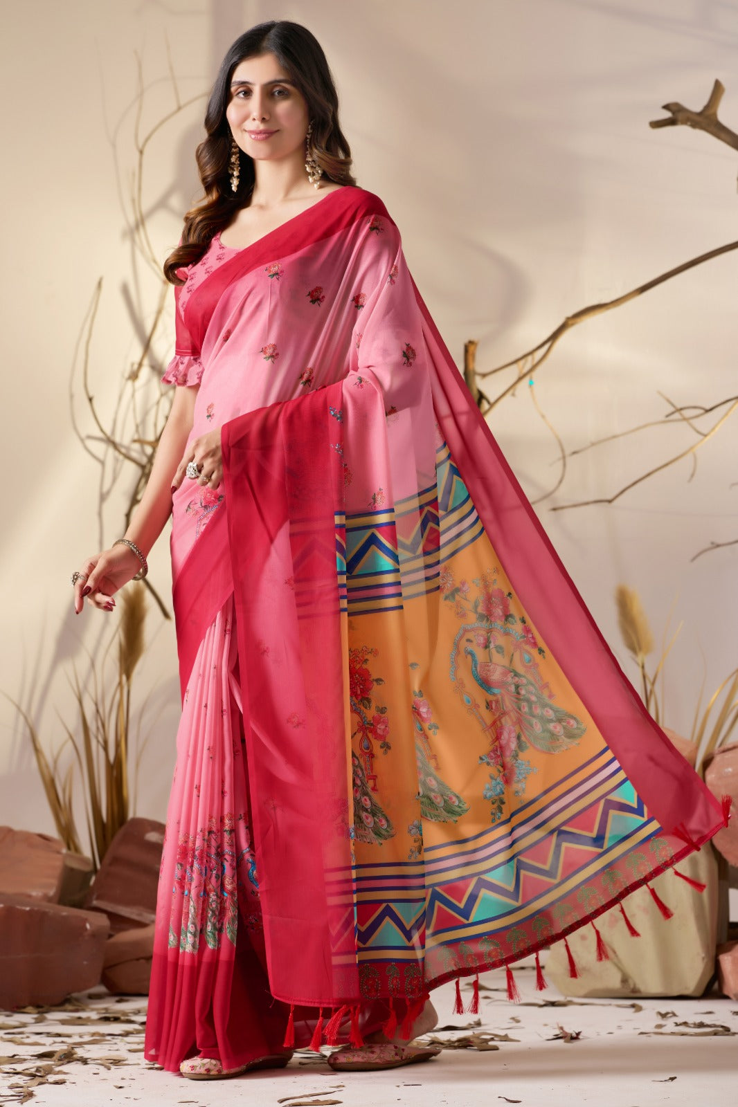 Pink Floral Georgette Saree with Designer Pallu for Women