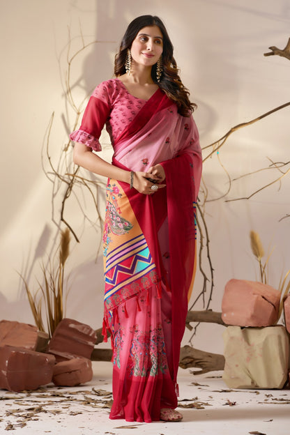 Pink Floral Georgette Saree with Designer Pallu for Women